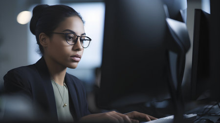Serious businesswoman in eyeglasses working on computer at nightの素材