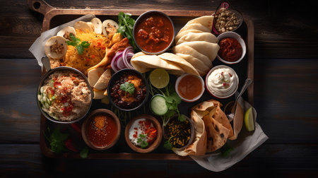 Traditional mexican food on dark wooden background. Top view.の素材