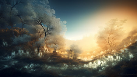 Fantasy winter landscape with trees and river. 3D illustration.の素材