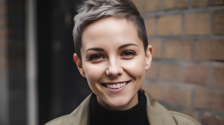 Portrait of a beautiful young woman smiling and looking at the cameraの素材