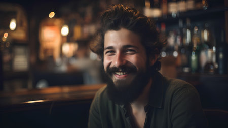 Portrait of a handsome bearded man sitting in a pub and smilingの素材