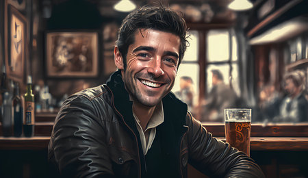 Handsome young man is smiling and drinking beer in pub.の素材