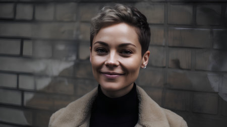 Portrait of a beautiful young woman with short hair and brown coatの素材