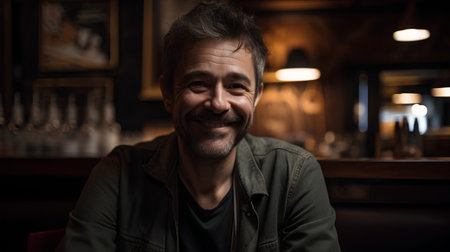 Portrait of a smiling man sitting at a bar counter in a pubの素材