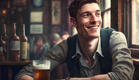 Portrait of a handsome young man drinking beer in a pub.の素材