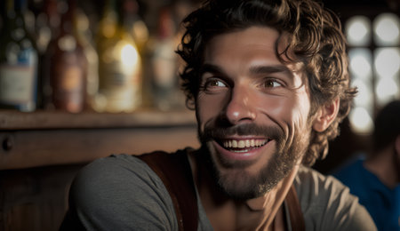 Portrait of smiling man looking away while sitting at bar counter in pubの素材