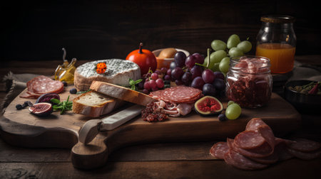 Cheese, salami, olives, bread and wine on wooden tableの素材