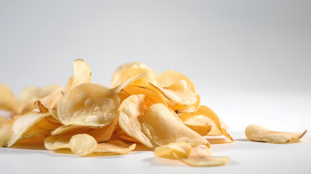 Potato chips on a white background, close-up, selective focusの素材