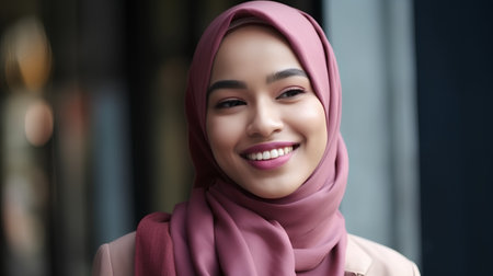 Portrait of beautiful young muslim woman with white smile wearing pink hijabの素材