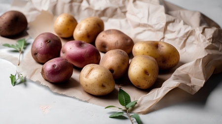 Fresh organic potatoes on rustic background, selective focus, copy spaceの素材