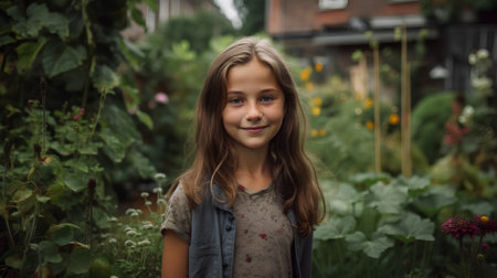 Portrait of a cute little girl smiling in the garden. Selective focus.の素材