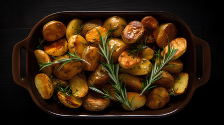 Baked potatoes with rosemary in a baking dish on a dark wooden background.の素材