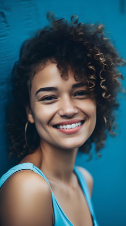 Beautiful african american woman with curly hair smiling at cameraの素材