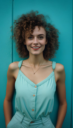 Portrait of a beautiful young woman with curly hair on a blue backgroundの素材
