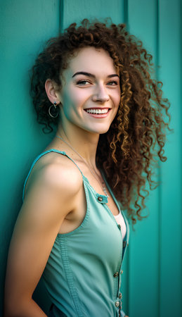 Portrait of a beautiful young woman with curly hair smiling and looking at cameraの素材