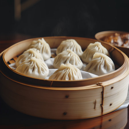 steamed dumplings in bamboo steamer, chinese cuisineの素材