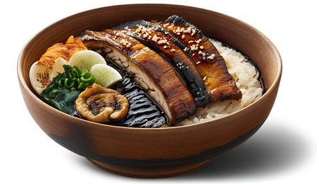 Japanese rice bowl with eel and mushrooms isolated on white background.の素材