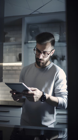 Young man in eyeglasses using digital tablet while standing in kitchenの素材