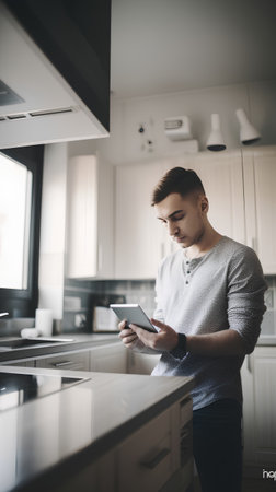 Young man using tablet in the kitchen at home. Selective focus.の素材