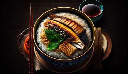 Japanese rice with eel and soy sauce on a dark background.の素材