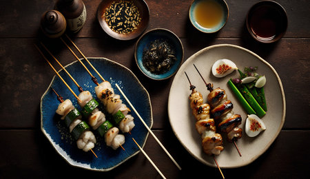 Japanese cuisine. Grilled squid skewer on dark wooden background.の素材