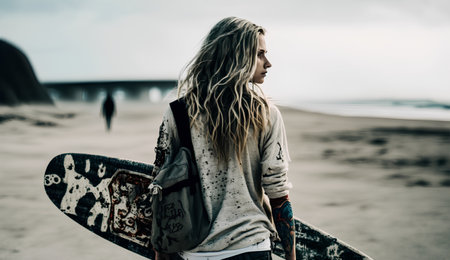 Beautiful young surfer woman with surfboard on the beach.の素材