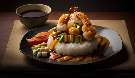 Shrimp and squid on rice with soy sauce, Japanese food styleの素材