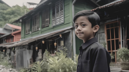 Portrait of a little boy in the old town of Thailand.の素材