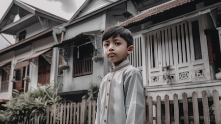 Cute asian boy standing in front of a wooden house.の素材