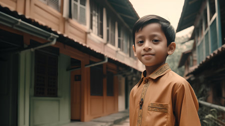 Portrait of a little boy in the streets of old town.の素材