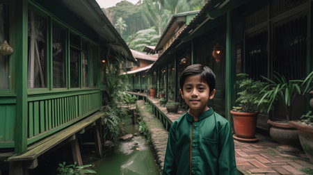 Little Asian boy standing in front of the house in the countryside.の素材