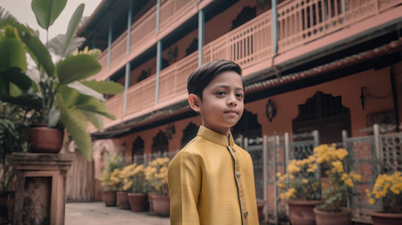 Portrait of a cute indian boy in yellow shirt looking at cameraの素材