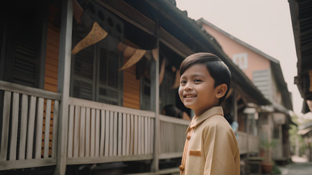 Portrait of a cute asian boy standing in front of a wooden houseの素材
