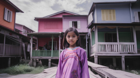 Portrait of a little Indian girl standing in front of her houseの素材
