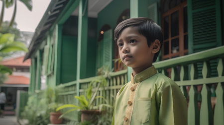 Portrait of a boy standing in front of a colonial house.の素材