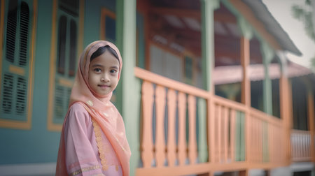 Portrait of a cute little muslim girl wearing a headscarfの素材
