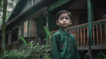 Portrait of Asian boy wearing traditional Thai costume standing in front of the house.の素材