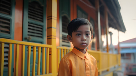 Little boy in a yellow shirt standing in front of a wooden houseの素材