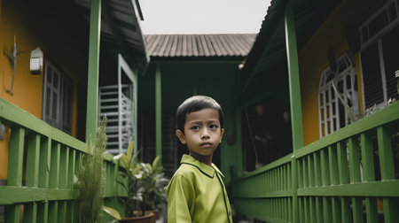 Little asian boy standing in front of a green wooden house.の素材