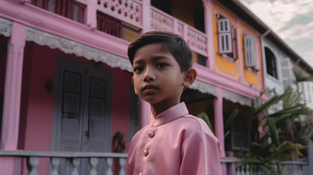 Unidentified Thai boy in pink shirt standing in front of the house.の素材