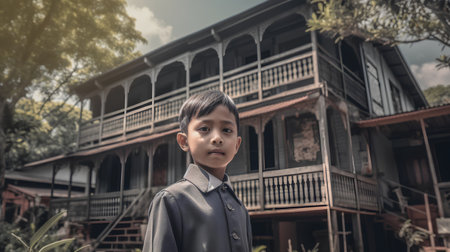 Portrait of asian boy in front of old house, vintage toneの素材