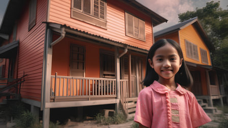 Little girl smiling in front of a traditional wooden house in the villageの素材