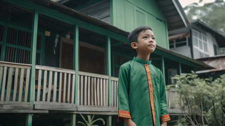 Portrait of Asian boy wearing traditional Thai costume in the garden.の素材