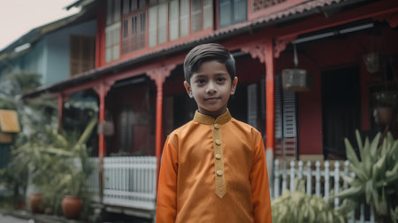 Portrait of a young indian boy in traditional clothes at home.の素材