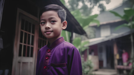 Thai boy in traditional costume in front of a traditional house.の素材