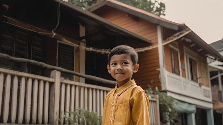 Portrait of asian boy with yellow shirt in the village.の素材