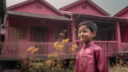 Little boy wearing red shirt and standing in front of old house.の素材