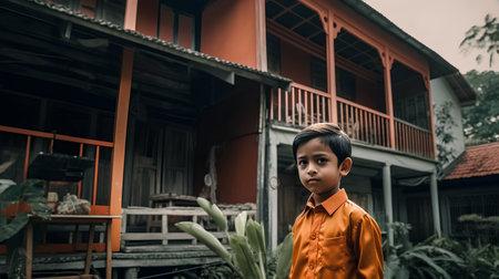 Little boy in orange shirt standing in front of his house and looking at camera.の素材