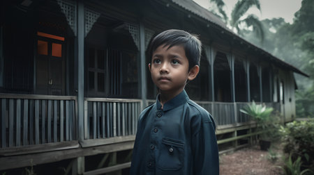 Portrait of a cute little boy standing in front of his houseの素材