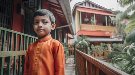 indian boy in traditional clothes standing at the balcony of the houseの素材